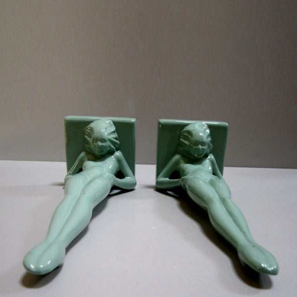 Frankart standing nymph Art Deco bookends, greenie (pair)